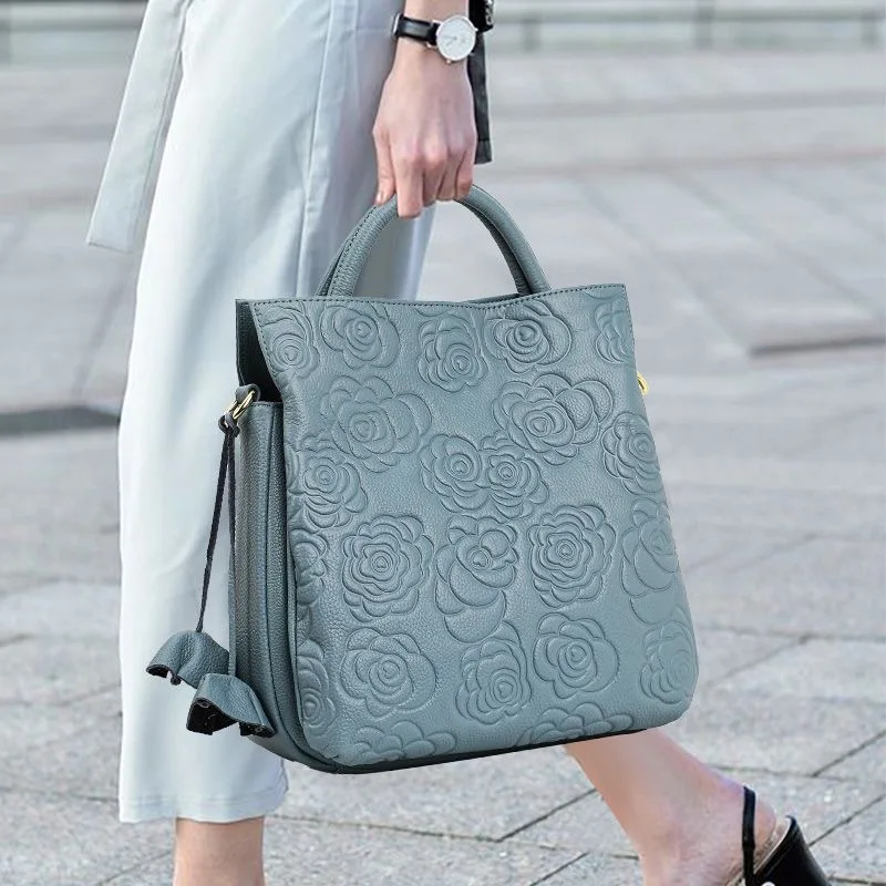 Genuine Cow Leather Women Handbag Camellia Pattern Large Tote Bag New Fashion Multiway Shoulder Crossbody Bag