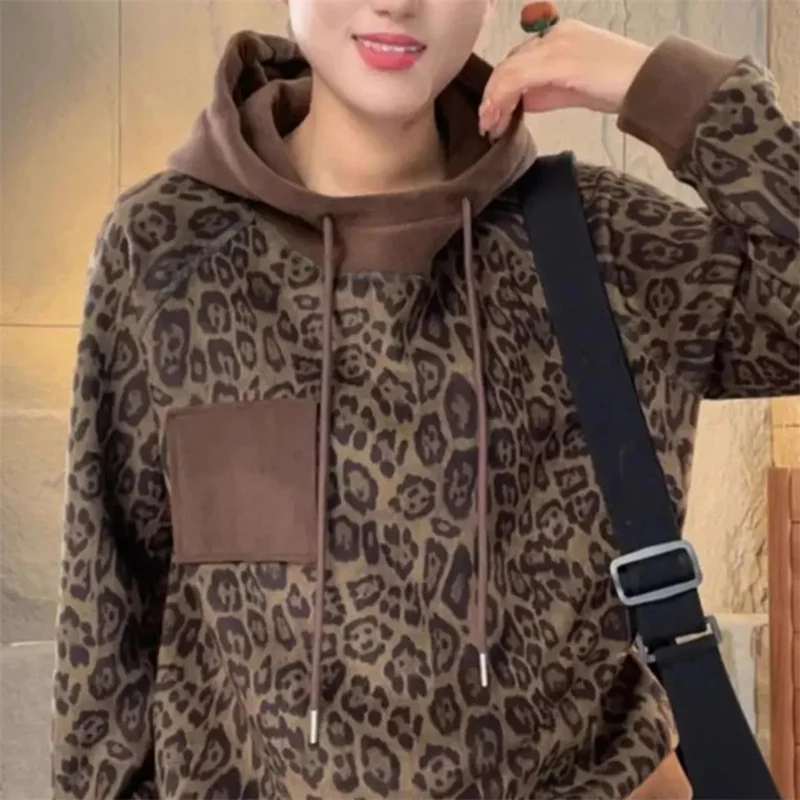 Women's Jacket Fall/winter Double-sided Velvet Leopard Sweater Female Joker Hooded Stitching Pocket Plus Velvet top Bottoming