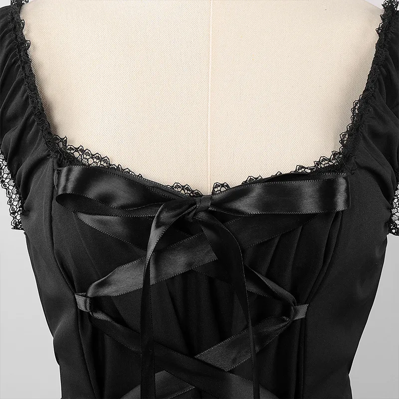 فستان نسائي أسود قوطي مع حجاب بطول الأرض، فستان أنيق للحفلات مكشكش