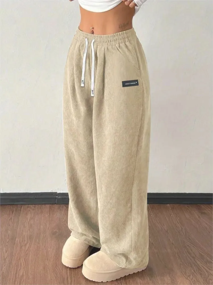 

New Women Corduroy Loose Drawstring Solid Color Pocket Pants Autumn Winter Causal Full Length Trousers Sports High Street Pant