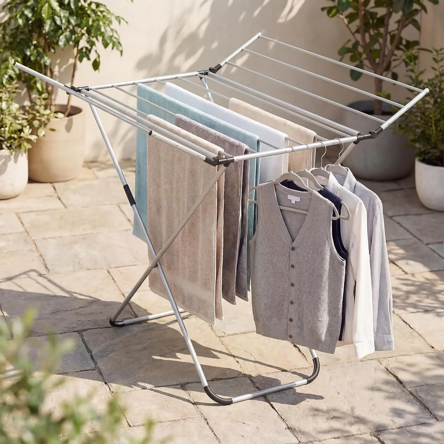 Clothes Drying Rack, Laundry Drying Rack with 2 Foldable Wings, 14 Drying Rods, Free-Standing Collapsible Laundry Airer