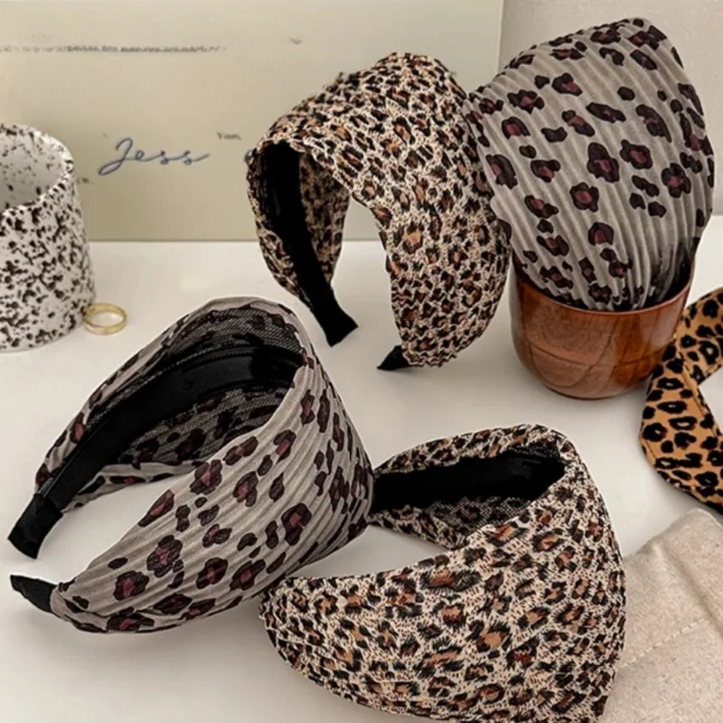 Leopard print pleated fabric super wide headband high sense of high cranial top pressure hair headband hair accessories