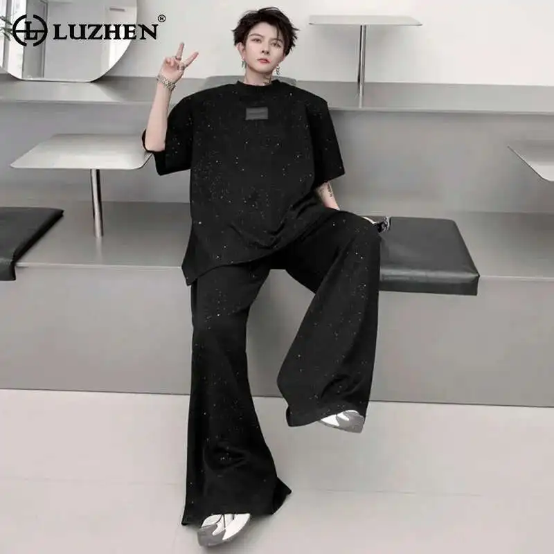 

LUZHEN T дизайн с блестками, модные новые короткие рубашки с рукавами, комплекты из двух предметов, простые стильные уличные мужские прямые брюки LZ9659