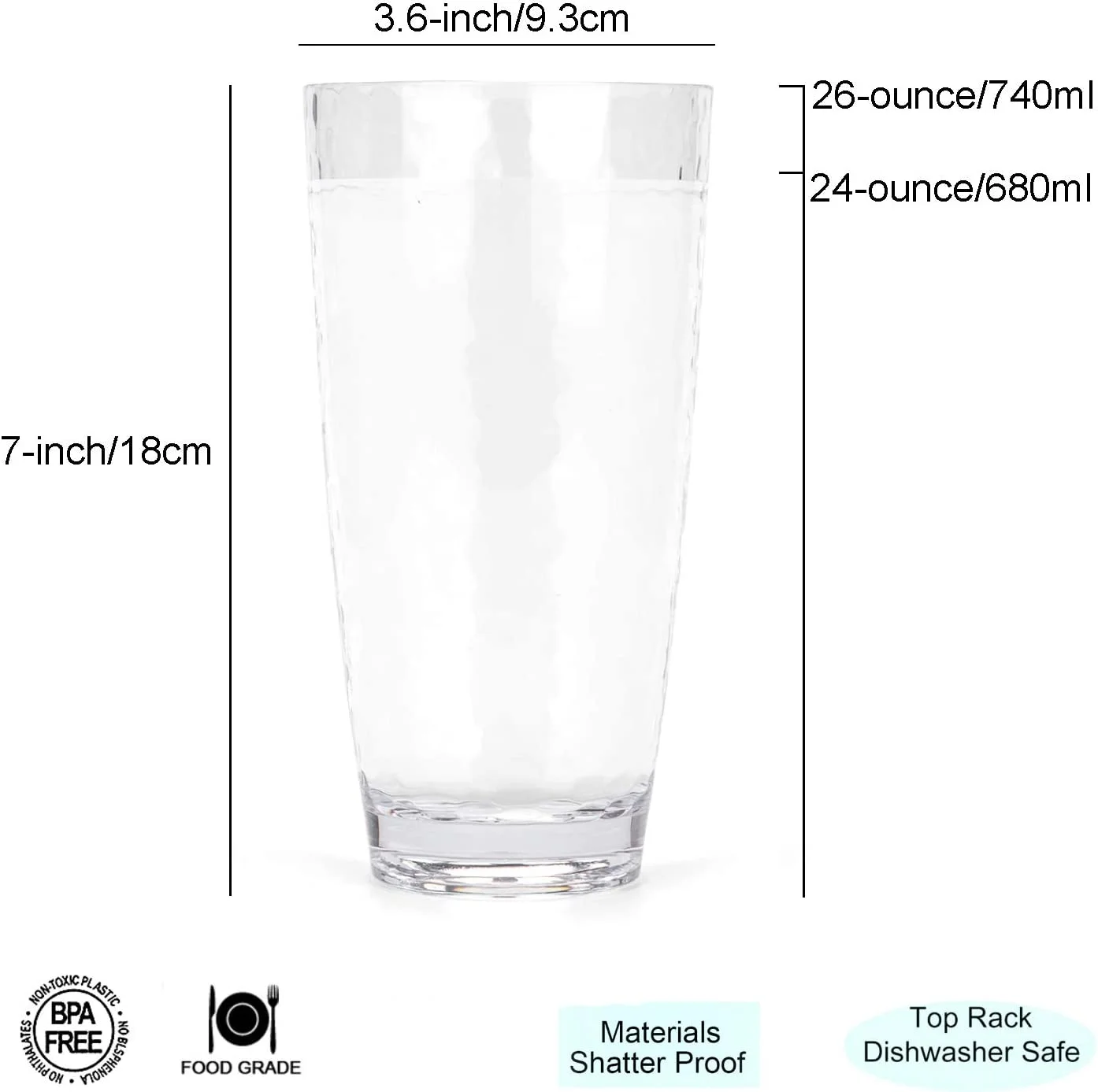 26-Ounce Large Acrylic Glasses Plastic Tumbler/Drinking Cups,Set of 6 Multi-Hammered Style,BPA Free