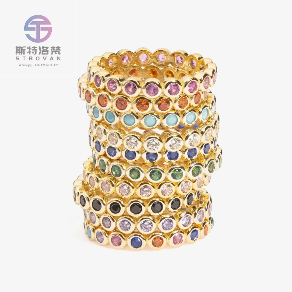 

Colorful Stack Ring Bezel CZ Round 925 Sterling Silver Gold Plated Band Rings for Women