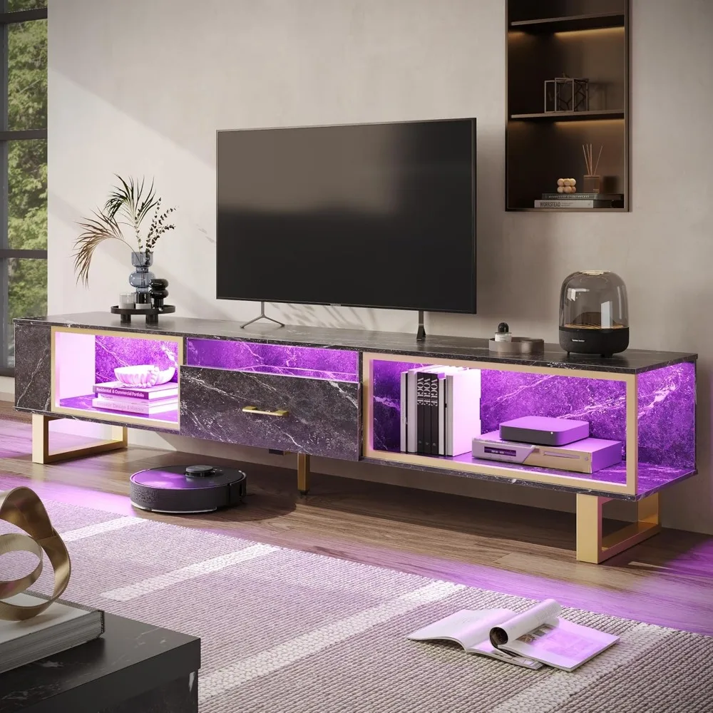 مركز ترفيهي حديث لأجهزة التلفاز مقاس 65-90 بوصة، وحامل تلفزيون LED مع مساحة تخزين ودرج مفتوح، مثالي لألعاب PS5