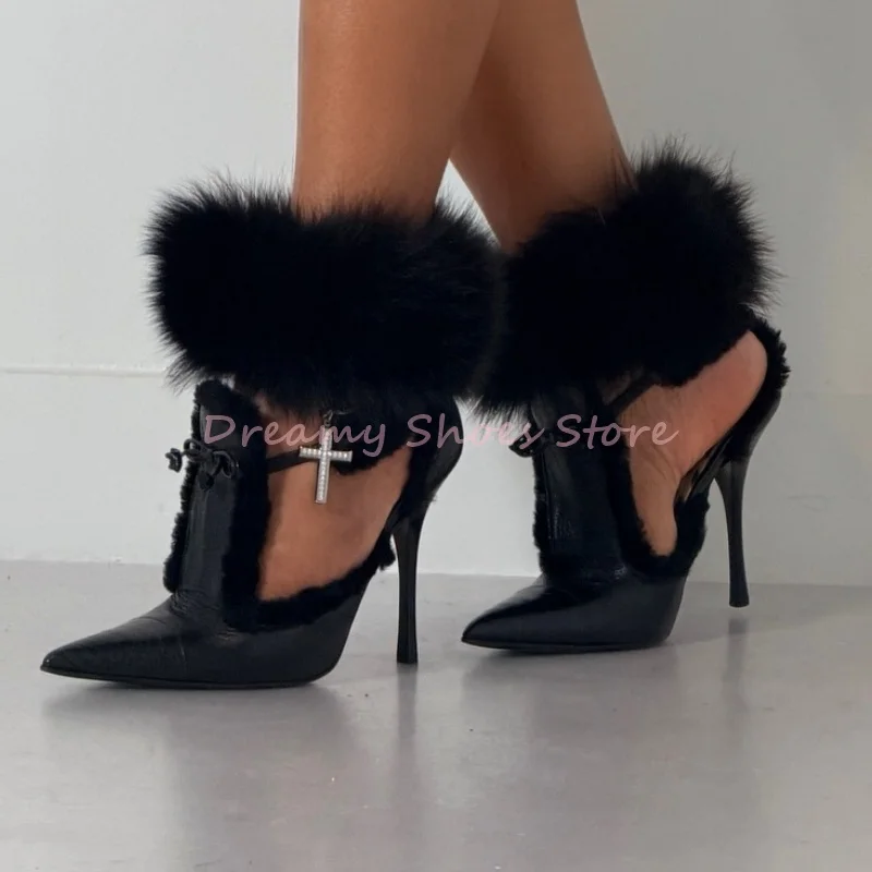 

Black Leather Faux Fur Pointed Toe Bow Sandals Women Hollow Lace Up Cover Heel Thin High Heels Sexy Fashion Party Ankle Boots