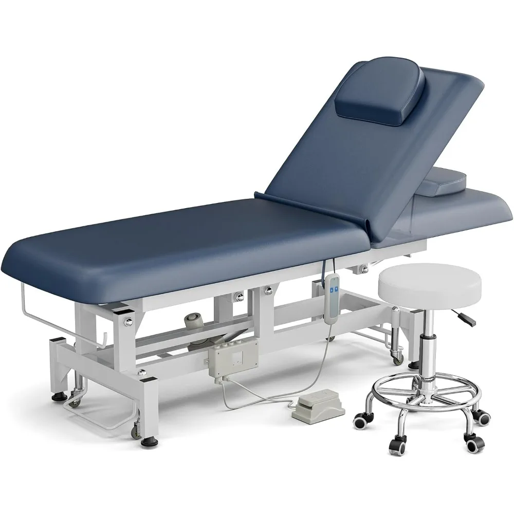 Electric Lift Massage Table Bed and Stool, Spa Facial Treatment Table w/Face Hole, Adjustable Backrest Medical Table Beauty