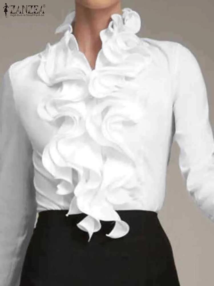 ZANZEA Elegant Women Blouse Ruffles Tops Fashion Long Sleeve Shirts Flounce Blu…
