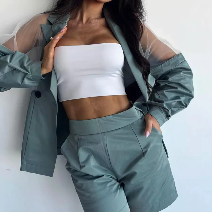 

Весенний однотонный сетчатый топ и шорты, осенний уличный костюм с длинными рукавами Mujer, женский модный наряд с отложным воротником и пуговицами