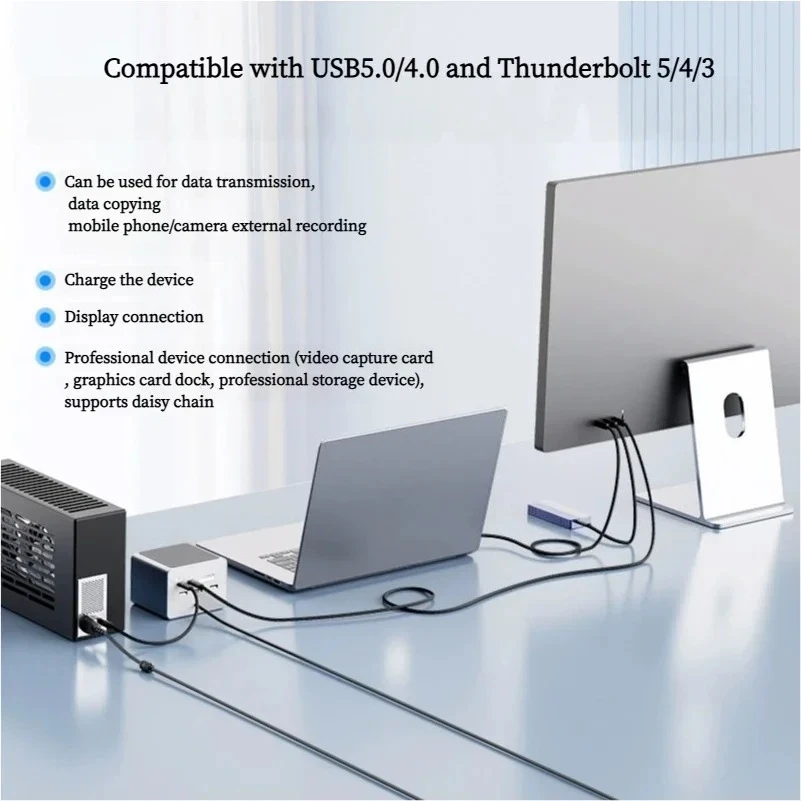 Kabel do transmisji danych Thunderbolt 5 80 Gb/s, 240 W, kompatybilny z Thunderbolt 4, USB4, pełna obsługa funkcji transmisji, szybkie ładowanie, Type-C — zdjęcie produktu 6