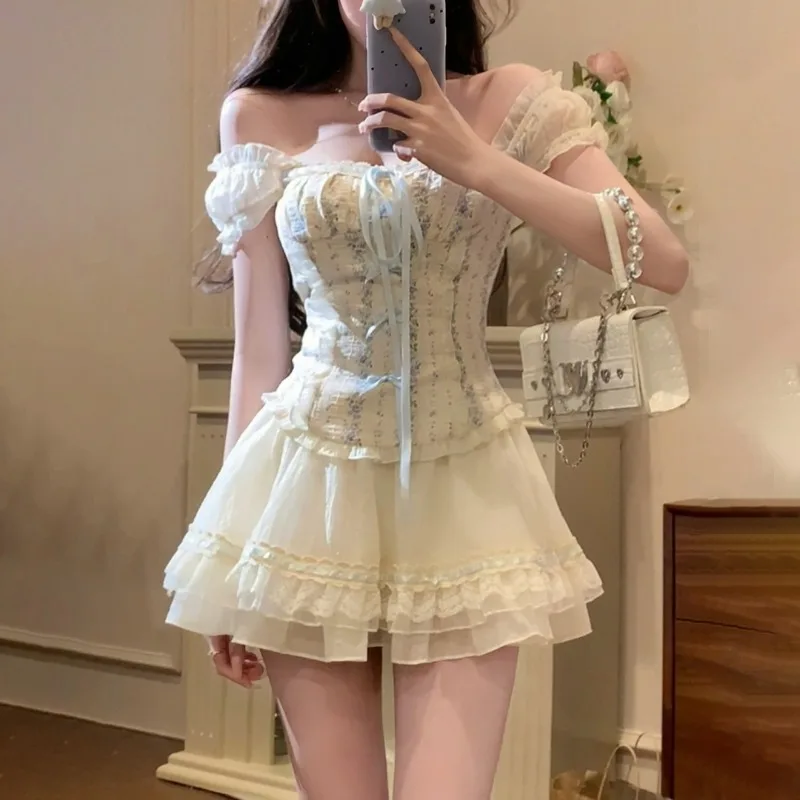 

Shpmishal 2024 Summer New Pure Desire Sweet Fragmented Flower Top Women's Short Fluffy Skirt Two Piece Set Female Clothing