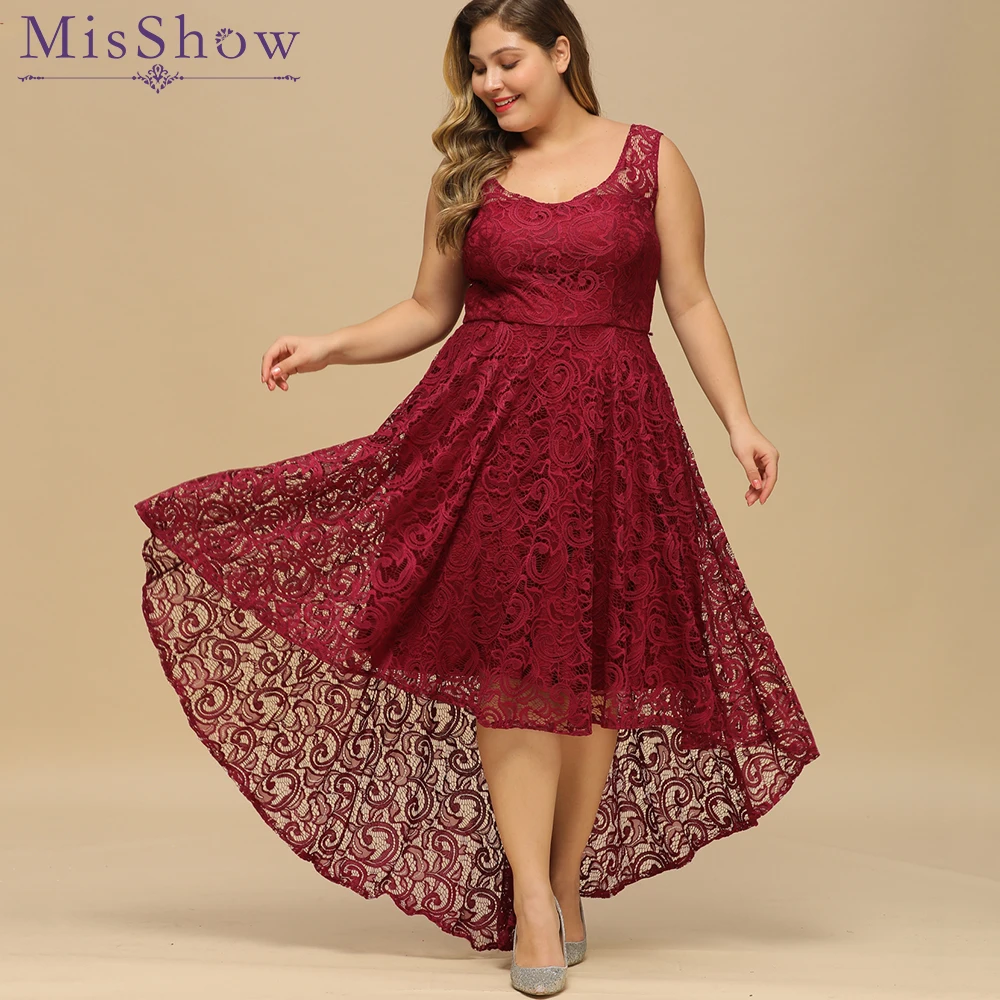 MisShow Plus Size A-line Hi-low Sleeveless Burgundy Bridesmaid Dresses 2024 Elegant Vintage Lace Formal Evening Party Gowns