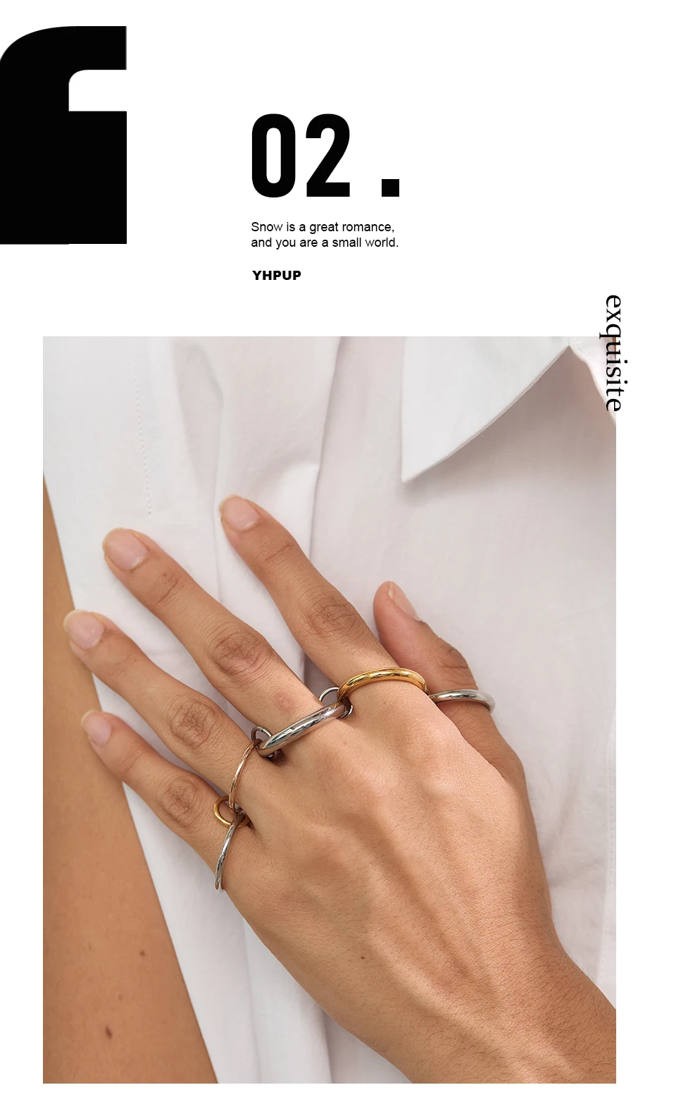 Yhpup Edelstahl, 3 Farben, 5 Glieder, gestapelte Ringe, PVD-Schmuck, echt vergoldet, für Damen – Detail 4
