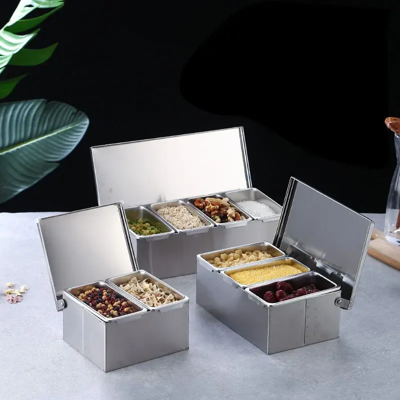 Stainless Steel 2/3/4/5 Section Ingredients Box Salt Sugar Cheese Sauce Box Seasoning  Pizza Making Tool Snack Storage Box