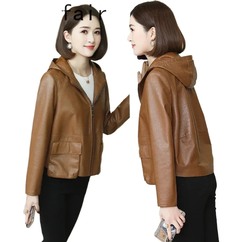 2024 frühjahr Echt Leder Jacke Frauen Echtem Schaffell Leder Mantel Kurze Kapuze Leder Jacken Chaqueta Cuero Genuino Mujer