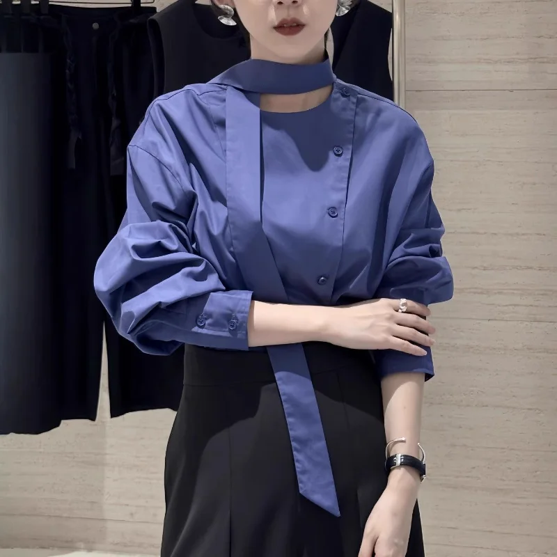 เสื้อเชิ้ตแขนยาวดีไซน์ฝรั่งเศสแบบไม่สมมาตรสำหรับผู้หญิง ฤดูใบไม้ร่วง 2025 รุ่นใหม่ สไตล์ผู้ใหญ่เบาๆ