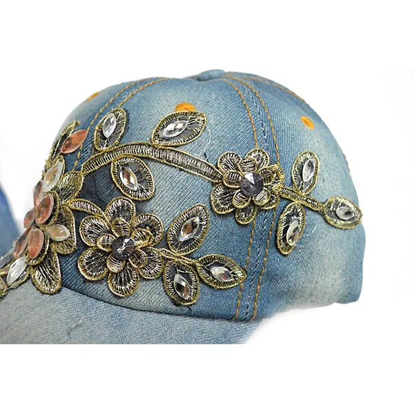 

Rhinestone Denim Baseball Cap Adjustable Women Jean Hat Comfortable Lightweight Floral Embroidered Baseball Hats