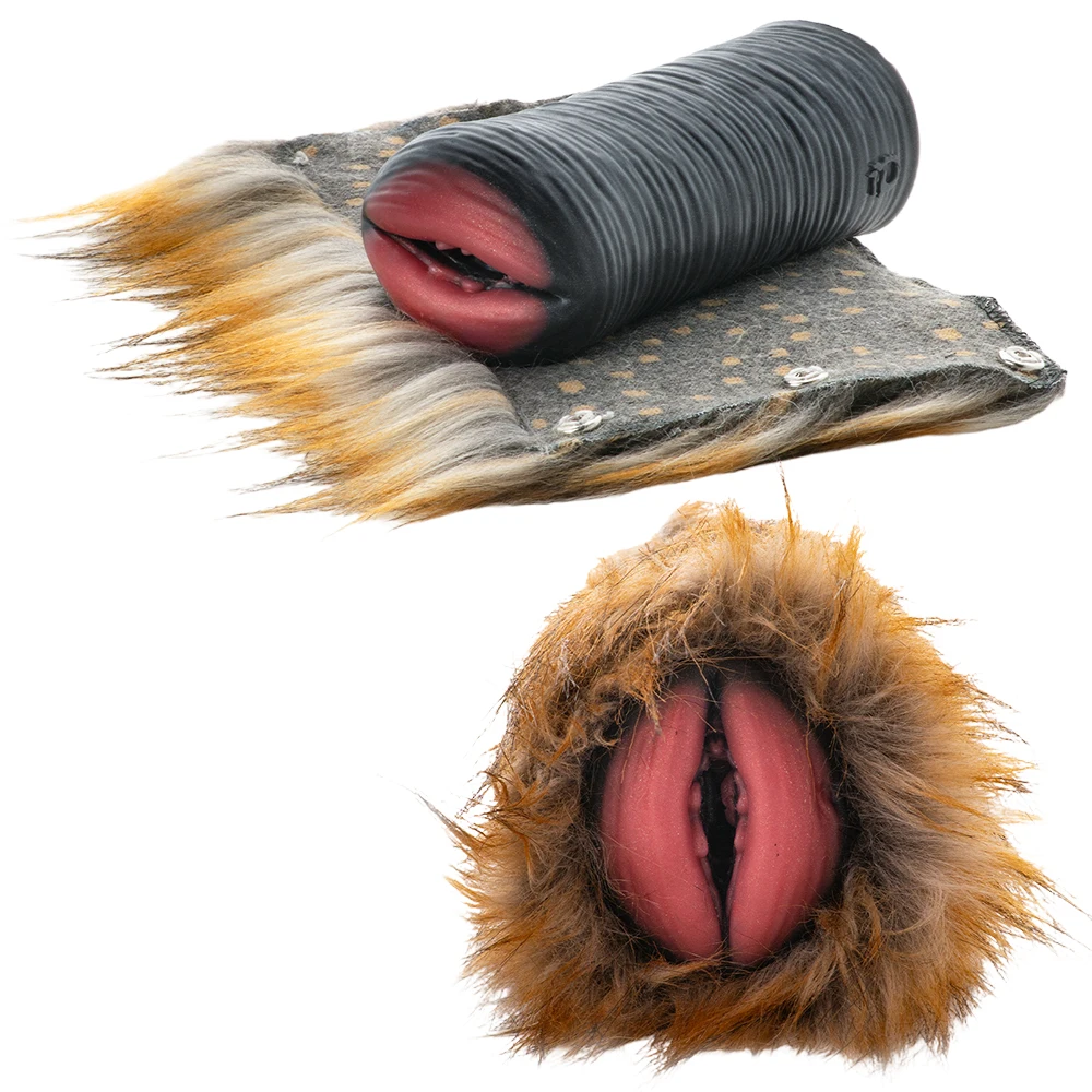 GEEBA Furry Sex Toys Soft Silicone Male Masturbator Single Channel Pocket Pussy Stroker With Removable Brown Faux Fur For Men18+