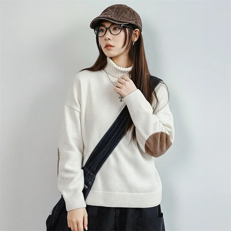 Maden Chenille Turtleneck Sweater for Women Loose High Neck Thick Knitwear Autumn Winter Ribbed Knit Pullover