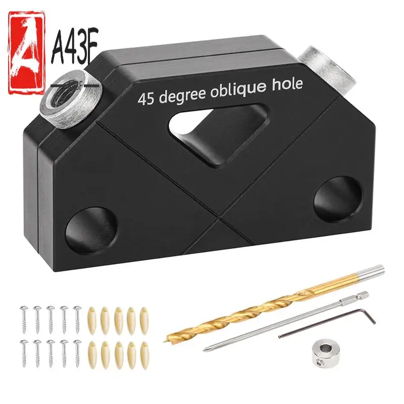 

A43F-Dowel Jig For Angled Dowel Joints, Dowel Jig Kit With Drill Bit,Hex Key, Stop Ring, Plastic Pocket Hole Plug And Screws