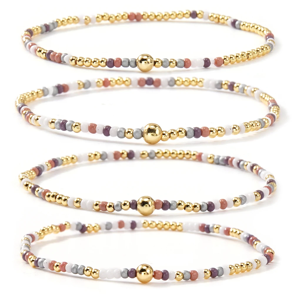 3 قطع من أساور خرز البذور الملونة مع خرز ذهبي، سوار بوهو مطاطي مصنوع يدويًا، مجوهرات صيفية لطيفة للنساء والفتيات