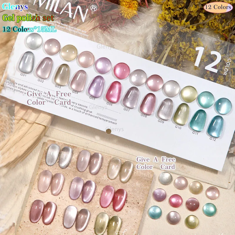 Glenys 12 color glass beads cat eye nail polish adhesive tape color card new semi permanent immersion gel nail salon art varnish