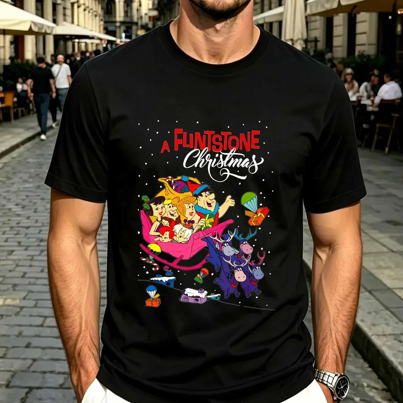 washed T Shirt A Flintstone Christmas Black Cotton Best Size S 5XL FR1129 vintage Washed Comfortable Versatile Slightly