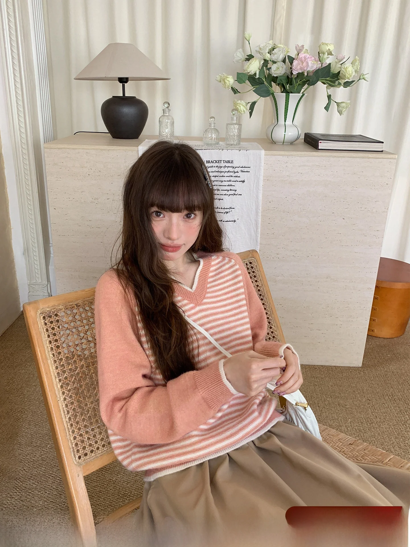 

Hello Striped Knitwear Women's Loose V-ne oulder Insert Sve Spring Autumn Soft Nouriing Top College Sle Pure...