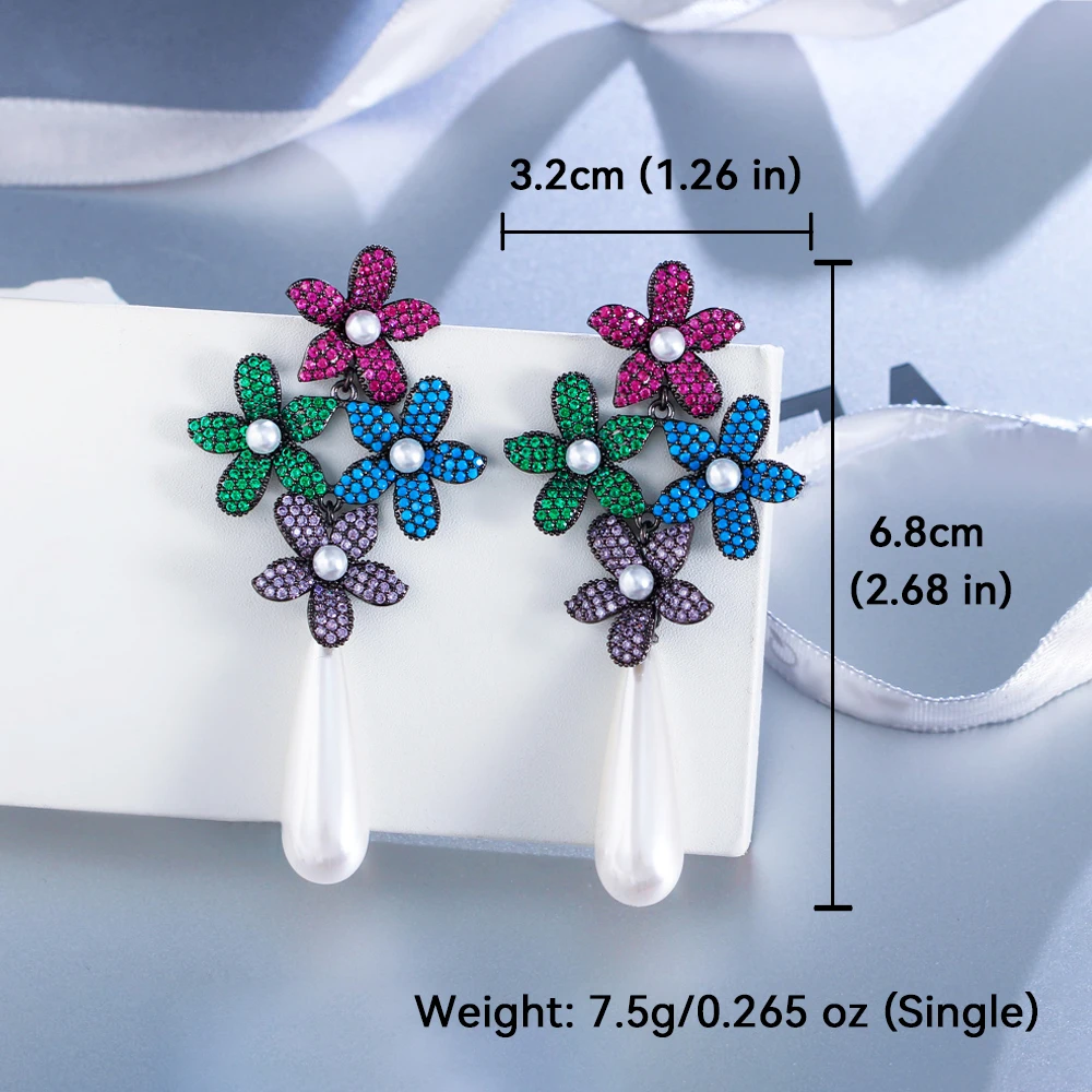 ThreeGraces Luxury Colorful Zircon Simulated Pearl Long Flower Bridal Wedding Earrings for Women Elegant Party Jewelry E1920 image 5