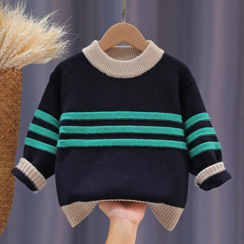 Boys Woolen Sweater Crochet Cotton Windbreak 2023 Stripe Thicken Autumn Winter Pullover High Quality Children\'s Clothing