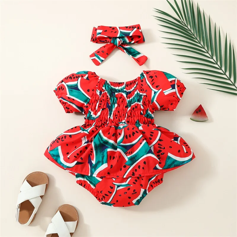 Baby Girl 2 Piece Outfits Watermelon Print Short Sleeve Romper Dress with Cute Headband Set Summer Clothes