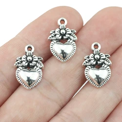 20pieces 11x18mm Sweet Heart Flower Charm For Women DIY Jewelry Making Antique Silver Color Pendant  Wholesale