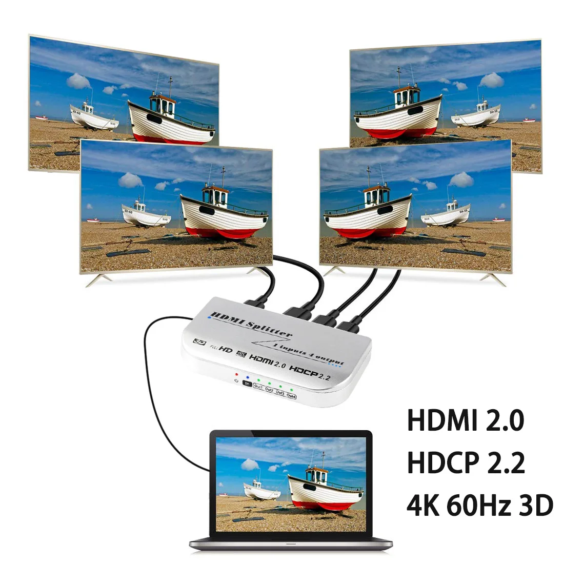 4K 60hz HDMI Splitter 1X4 3D Video Distributor HDMI2.0 Hdcp2.2 1 IN 4 Out Video Converter Adapter for PS4 DVD PC To TV Monitor