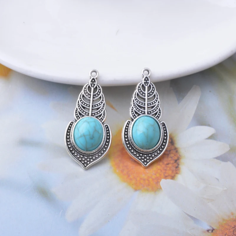 10pcs Antique Silver Color Alloy Imitation turquoise stone Round Connector Heart Water Drop  Leaf Charms Jewelry Pendants