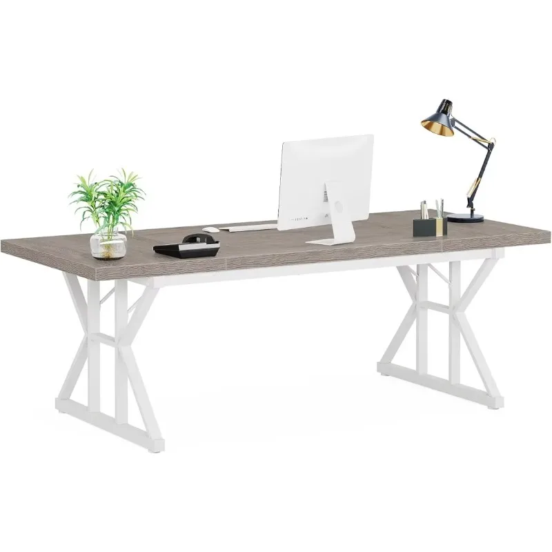 

70.8-Inch Large Executive Desk, Modern Computer Office Desk, Wooden Writing Desk Study Table for Home Office, Grey-White