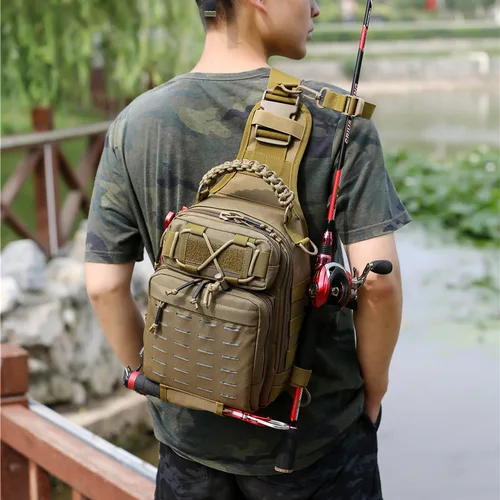 Bolsa táctica para acampar, mochila con eslinga para el pecho, caña de pescar al aire libre, bolsos deportivos para hombre, bolsas de hombro Molle láser para caza y senderismo