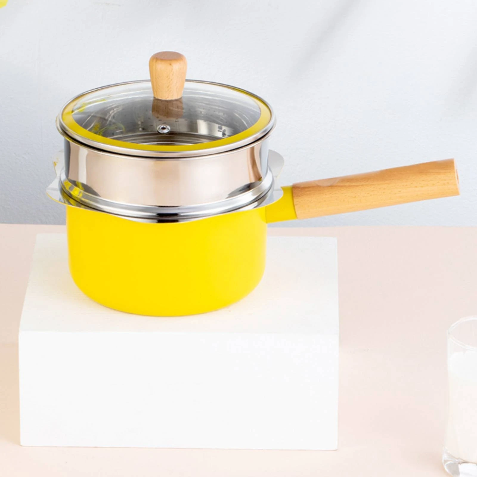 

Stainless Steel Infant Food Pot Glossy Yellow Finish Glass Lid Stockpot Cookware Round Metal Body