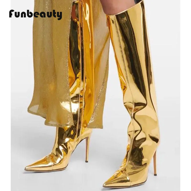 Botas largas de tacón alto para mujer, botines puntiagudos de charol con estampado de serpiente, color dorado, plateado y láser, 2024