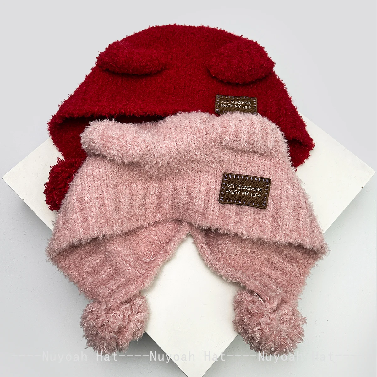 New Men Women Cute Little Bear Ears Patch Letters Knitted Hats Warm Retro Fashion Outdoor Beanies Cartoon Versatile Casual  ins