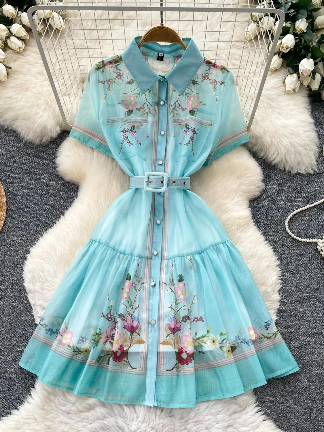 Summer 2026 Women's Korean Style A-Line Printed Dress Slim Fit Waist Cinched Holiday Vibes Commute Friendly Fashion Dress