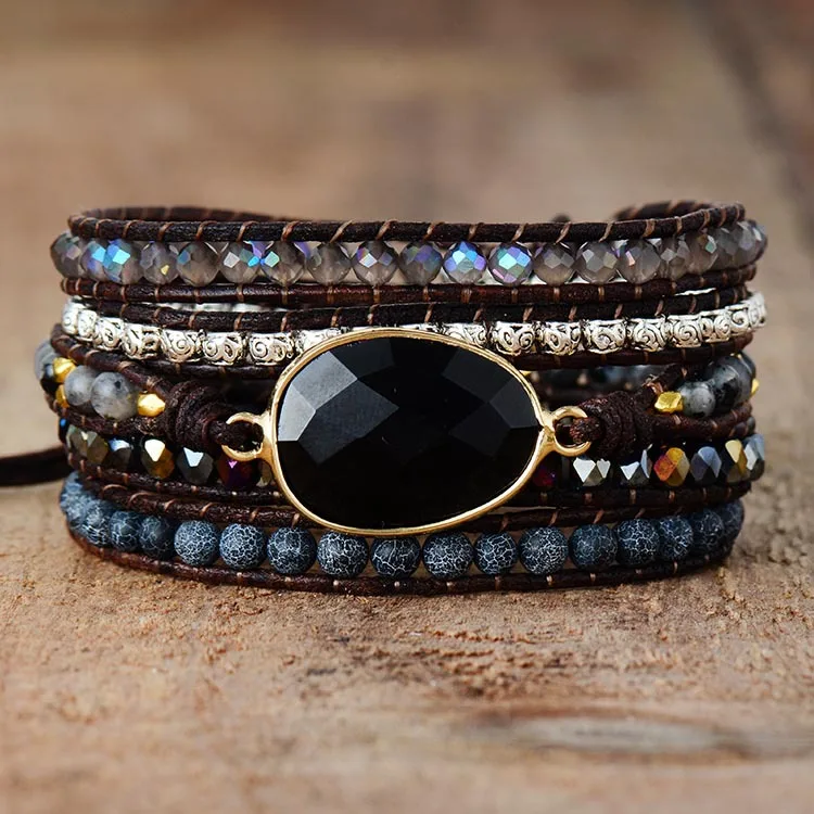 Hot-selling 5-circle Retro Cowhide Rope Black Agate Hand-woven Beaded Bracelet European And American Ins Jewelry