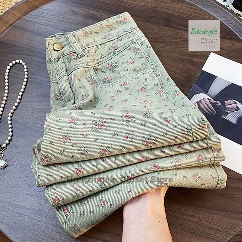Korean style floral retro straight leg jeans for women's summer new fashion design, niche high waisted casual wide leg pants