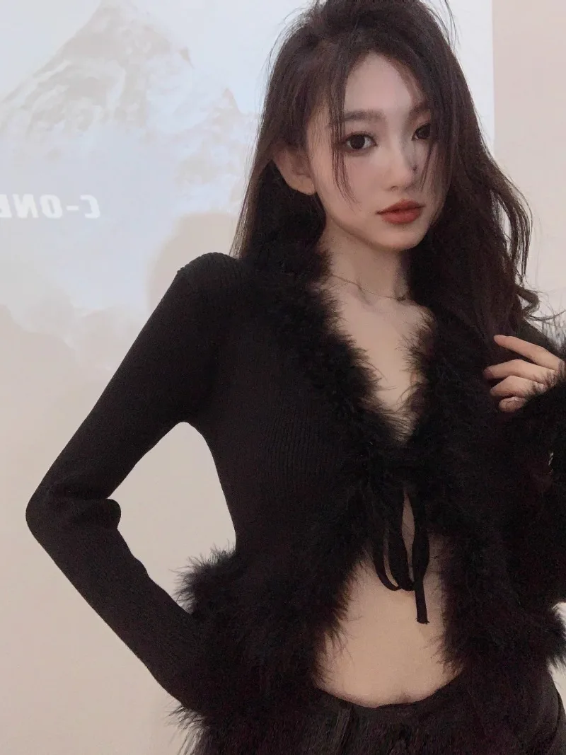Fur Neck V Lace Up Cropped Cardigan Y2k White Long Sleeve Top Knitwear Feminino Korean Sweaters for Women