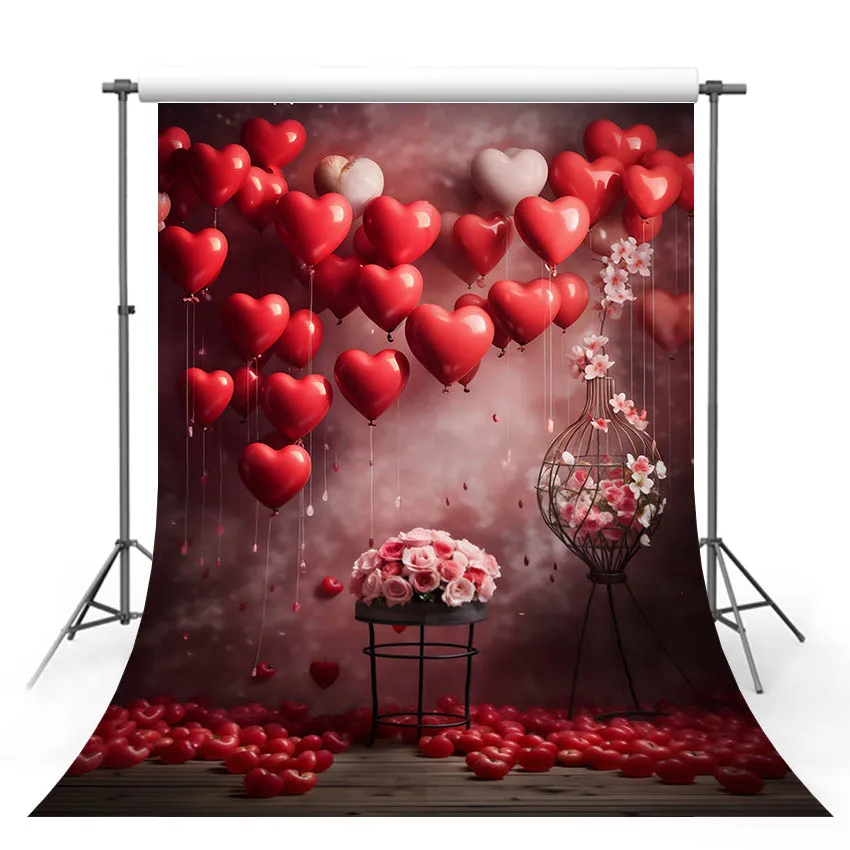 

Mehofond Valentines Day Wedding Decoration Photo Background Bridal Red Love Heart Ballooon Flower Cage Photography Backdrop Prop