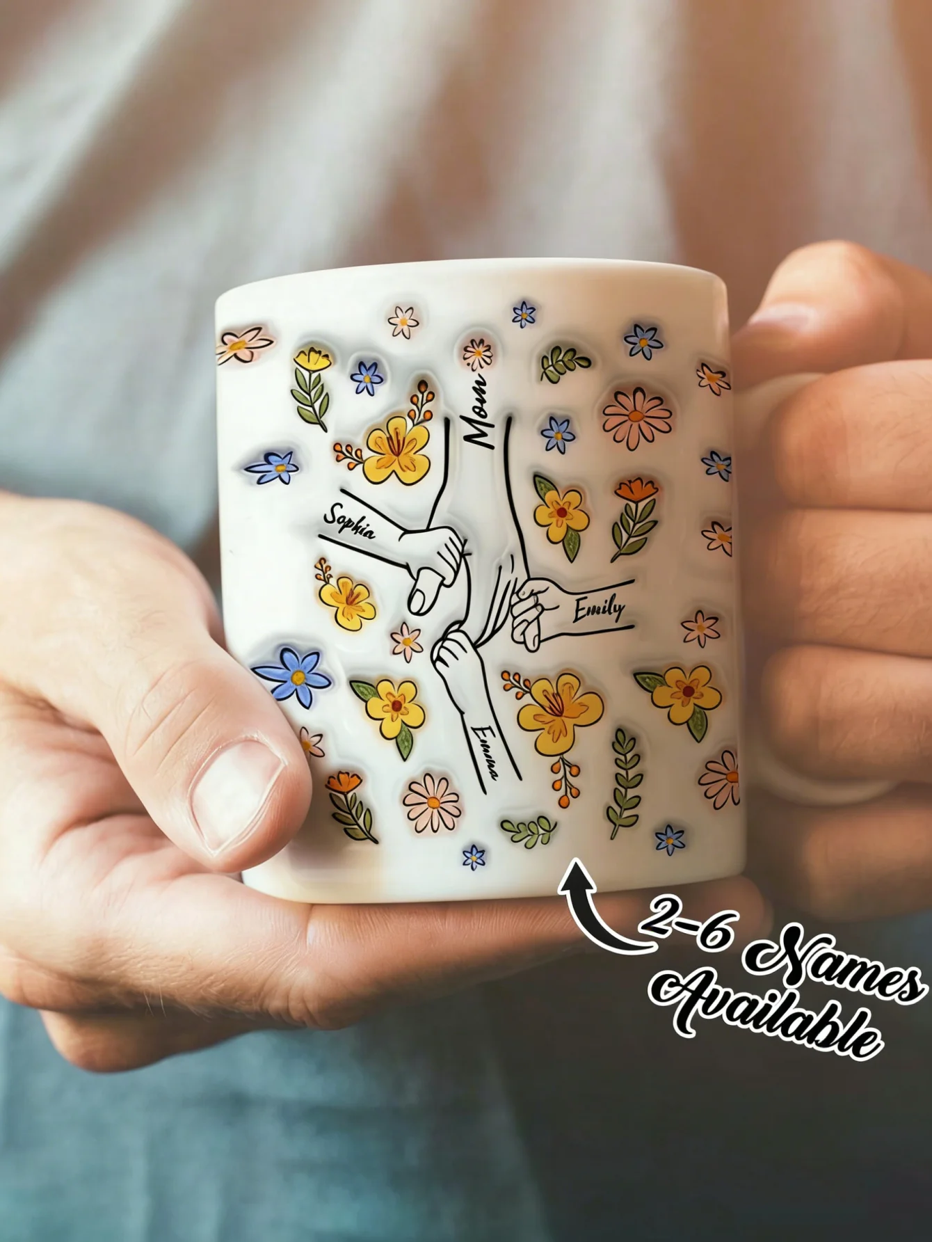 Custom Name Mug Print Hand In Hand Design 2-6 Names Personalized Coffee Cup For Mom Grandma Mothers Valentine Birthday Gift