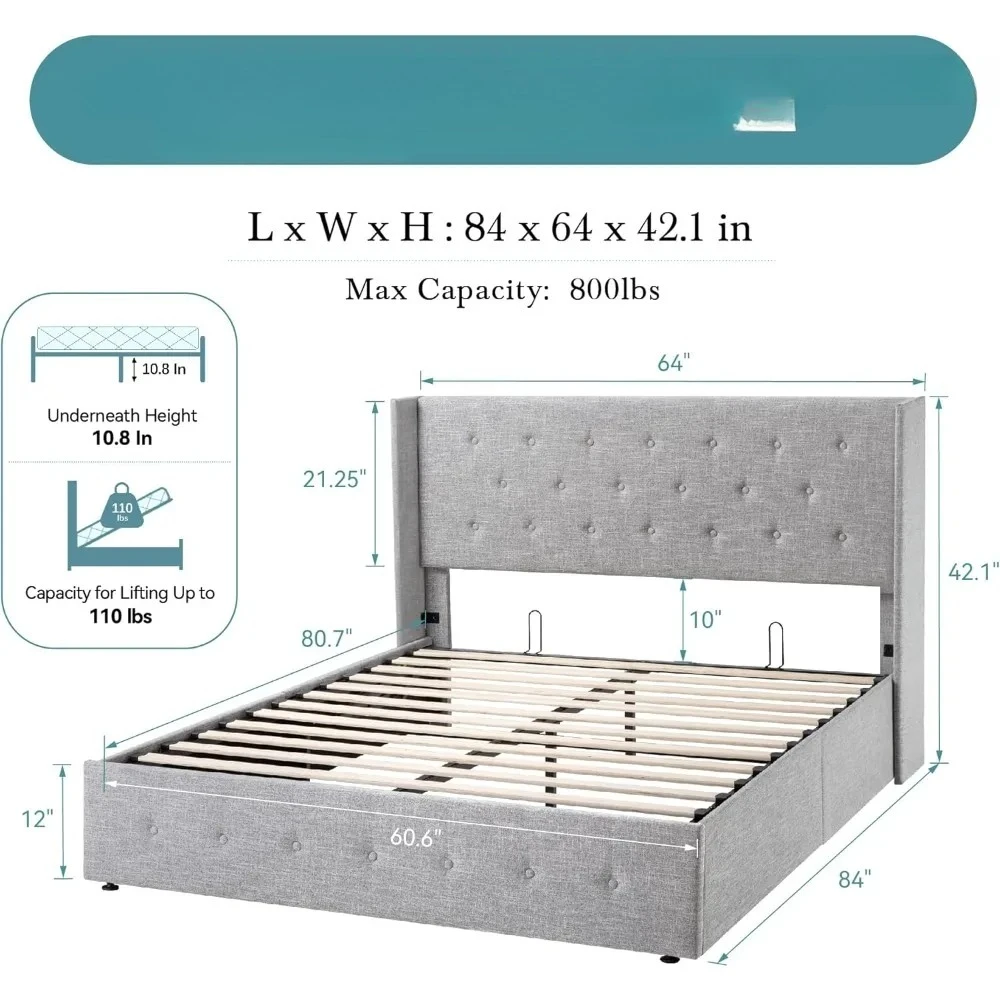 HOOMIC Queen Size Lift Up Storage Bed with Wingback Headboard/Heavy Duty Hydraulic Platform Bed Frame/Large Under Storage/Wooden