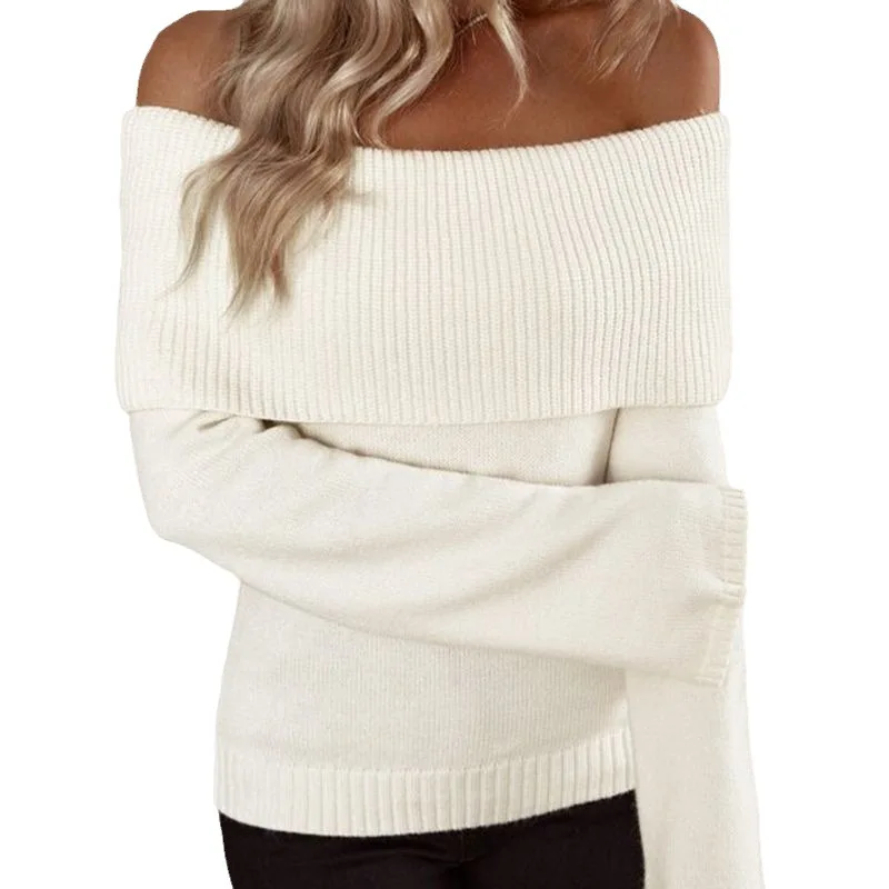 

Trendy Women's Solid Color Sweaters Autumn Straight Shoulder Slim Pullover Sexy Personality Knitt Long Sleeve Sweater For Women