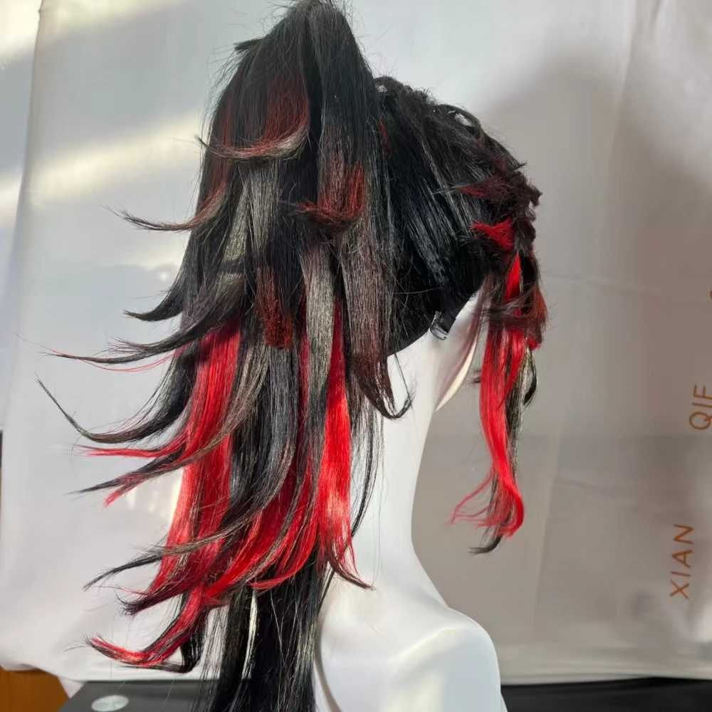Anime Kokushibo & Yoriichi Tsugikuni Cosplay Wig Black Red Ombre Long Ponytail Heat-Resistant Synthetic Fiber Hair Rose Net