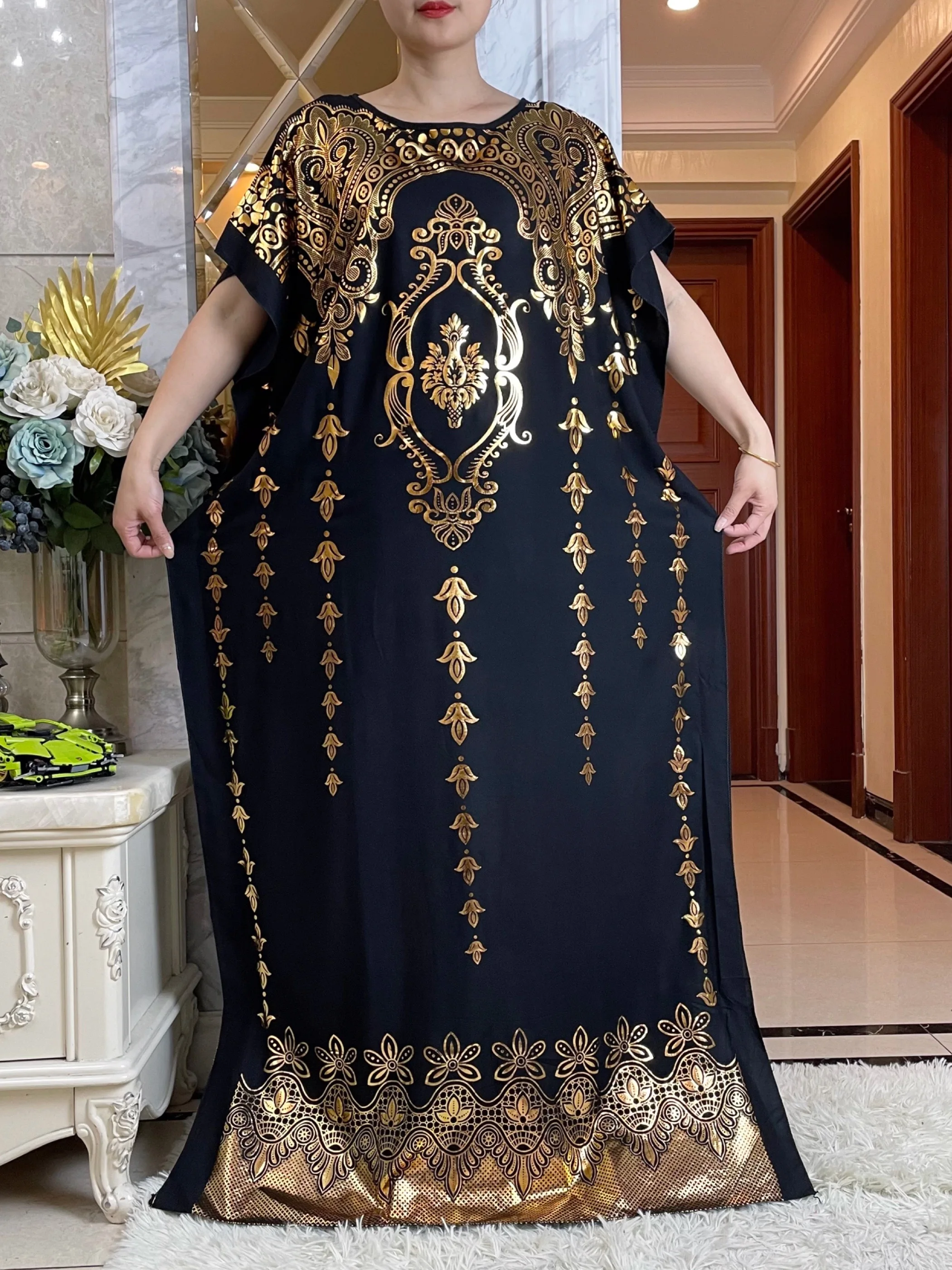 Vestido largo de algodón para mujer, Túnica musulmana de manga corta con estampado dorado, holgada con bufanda grande, Abaya africana, 2024